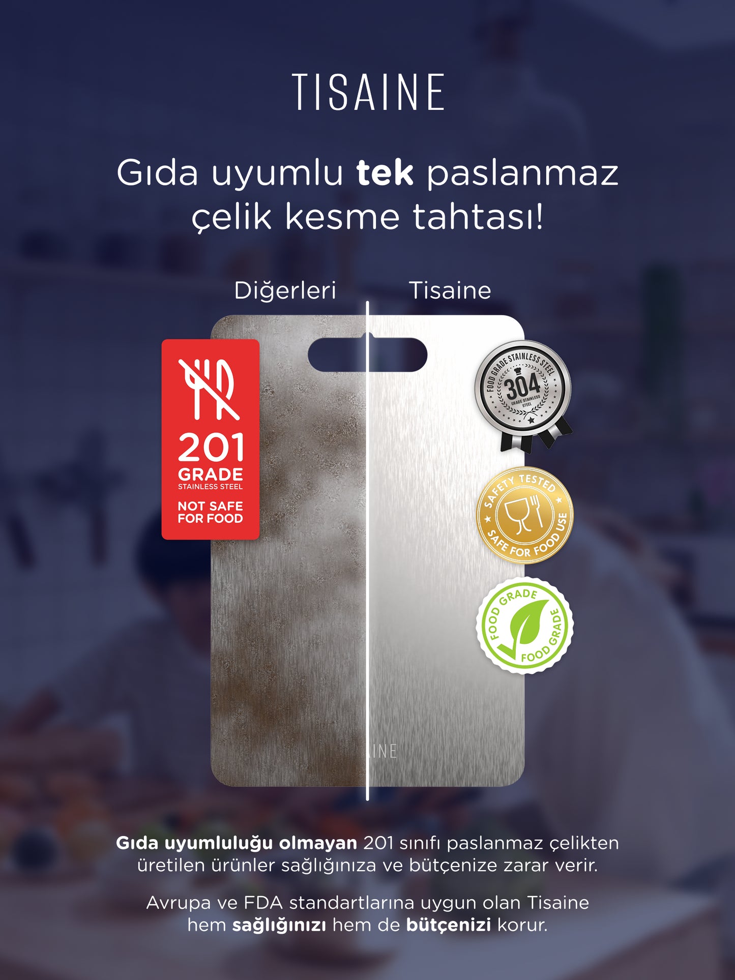 TISAINE Paslanmaz Çelik Kesme Tahtası