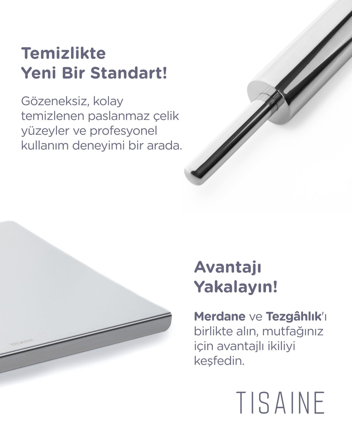 TISAINE Paslanmaz çelik tezgahlık ve merdane seti